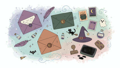 Whimsical illustration of magical envelopes witch hat potions and stamps on a pastel background