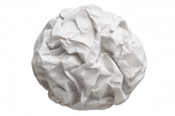 Crumpled white paper forming a ball, showing texture and wrinkles. This image represents waste, bad ideas, or frustration. Transparent background