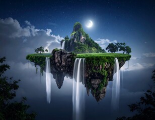 Floating Island Oasis - A Dreamy Landscape with Waterfalls and Moonlit Sky.