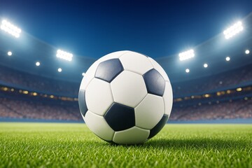 Naklejka premium Close-up of classic black and white soccer ball on green grass field under bright stadium lights at night with blurred crowd in background.