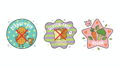 Adorable cartoon labels PeanutFree GlutenFree Vegan Ideal for food packaging and dietary concepts