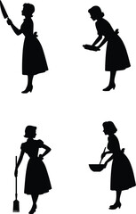Silhouette woman domestic chores, cooking cleaning housework, female figure with broom rolling pin knife bowl, traditional homemaker lifestyle illustration