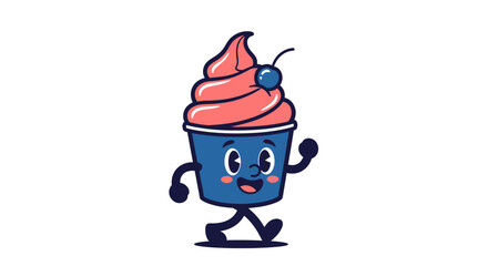 Obraz premium Cheerful Cartoon Cupcake Character with Retro Style and a Playful Expression for Dessert