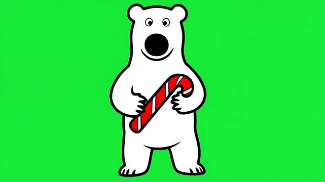 Cute cartoon polar bear holding a red and white candy cane, isolated on a green screen background. Holiday character illustration.