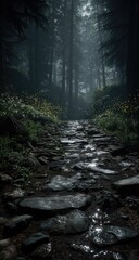 Fototapeta premium Misty forest path with stones and wildflowers