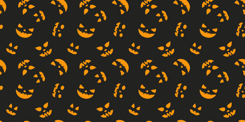 Seamless Halloween pumpkin emotions pattern.  Orange fun, spooky and playful jack-o-lantern faces on the black background. For festive designs, party decor, wrapping paper, textiles.