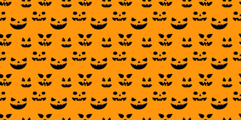 Seamless Halloween pumpkin emotions pattern.  Black fun, spooky and playful jack-o-lantern faces on the orange background. For festive designs, party decor, wrapping paper, textiles.