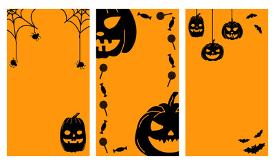 A set of Halloween story template for social media in black and orange. Perfect for seasonal greetings, party invitations, holiday decor
