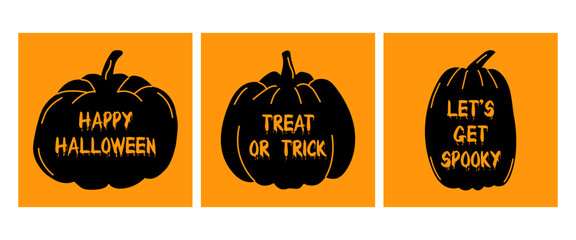 A set of square Halloween cards with pumpkins in black and orange. Perfect for seasonal greetings, party invitations, holiday decor and social media sharing.