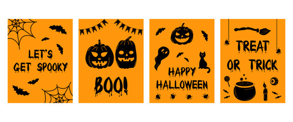 A set of rectangular Halloween cards in black and orange. Perfect for seasonal greetings, party invitations, holiday decor and social media sharing.