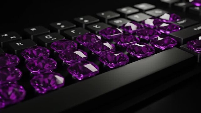 Close up of a keyboard with purple gems as keycaps on a black surface