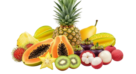 Assortment of exotic and tropical fruits arranged on a black background
