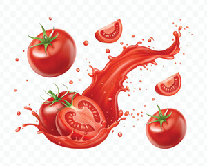 abstract 3d red tomato juice or ketchup sauce splashes in different style isolated on transparent background	