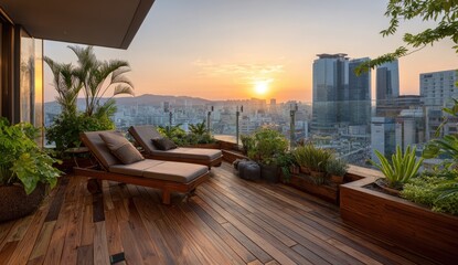 Fototapeta premium Rooftop terrace with sun loungers at sunset overlooking a city