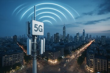 5G communication tower emitting wireless signal over modern city at dusk with illuminated skyline and glowing blue light waves in background. Ai generative