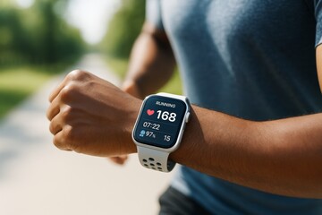 Close-up of person checking smartwatch displaying heart rate and running stats during outdoor workout on bright sunny day in nature background. Ai generative