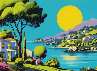 Retro landscape, Italia, countryside and sea, graphic travel card 
