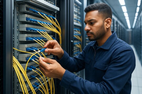 Technician organizing yellow network cables in server room with focused expression and modern lighting background in a data center hallway. Ai generative
