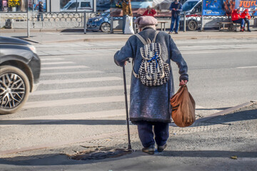 An elderly woman stands on a zebra on an autumn day