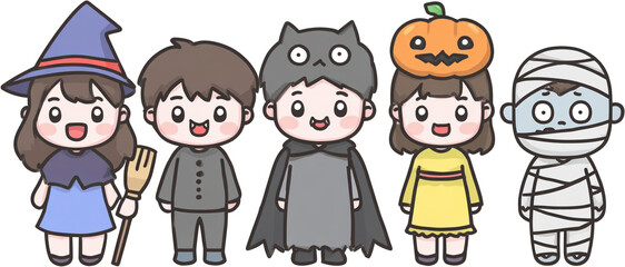 Adorable cartoon children dressed as spooky Halloween characters ready for trick or treat fun and festive parties creating joyful memories.