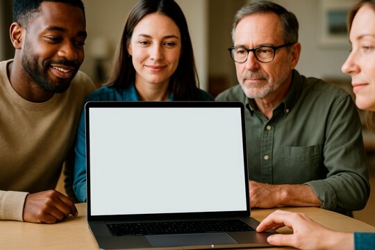 Group of diverse people gathered around a laptop with blank screen for design mockup or presentation in a modern indoor setting.