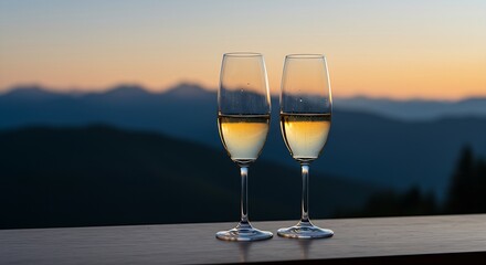 Obraz premium Elegant champagne flutes filled with a light-colored sparkling wine on a bar counter with a blurred backdrop of a high-altitude mountain range at sunrise,suggesting a new beginning.