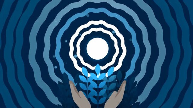 Creating a calming visual with hands holding a glowing orb and leaf patterns in a serene setting