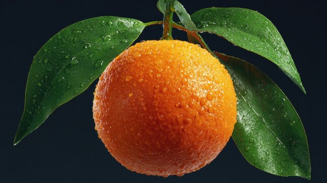 A fresh orange fruit with dew drops on its surface and green leaves, set against a dark background