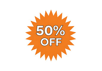 Ultra highresolution, professional studio photography of illustration of orange starburst shape with 50 off text for sale promotion isolated on transparent background