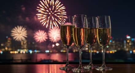 Elegant champagne flutes filled with a light-colored sparkling wine on a bar counter, with a blurred backdrop of a lively New Year's Eve firework display over a city skyline. 