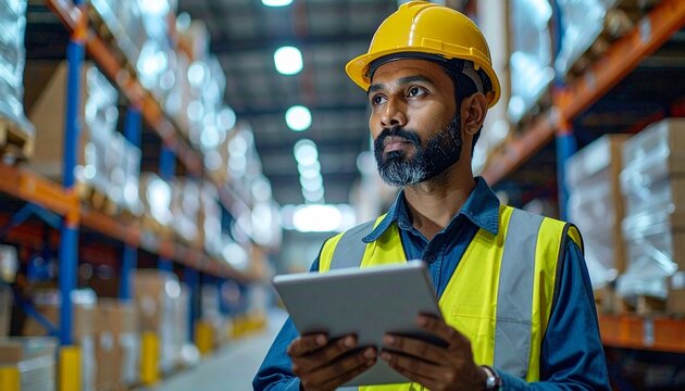 Focused male warehouse worker in hard hat and safety vest holds tablet, inspecting shelves stacked with goods in a modern distribution center, emphasizing logistics.