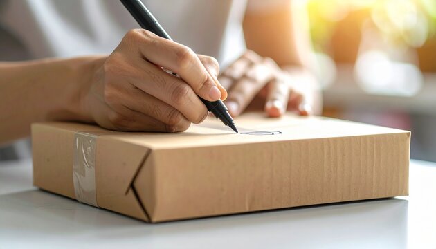 Close-up on a person's hands using a black marker to write on a brown cardboard shipping box, preparing it for delivery in soft natural light.