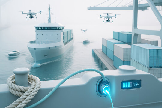 Futuristic electric maritime transport system with drones, cargo ship, containers, and charging port on a light abstract background. Ai generative - Powered by Adobe