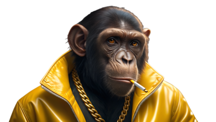 Cool Ape with Yellow Jacket and Gold Chain Smoking Cigarette on Transparent Background