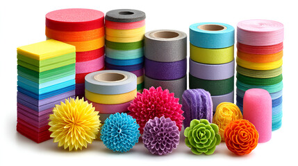 a vibrant collection of rolls and spools of colored material, possibly sandpaper, tape, or paper, stacked and clustered against a white background