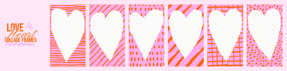 Valentine collage frames. Heart border cutout with torn paper edges with crayon pencil textures. Girly irregular wedding scrapbook shapes, scribbles and patterns.