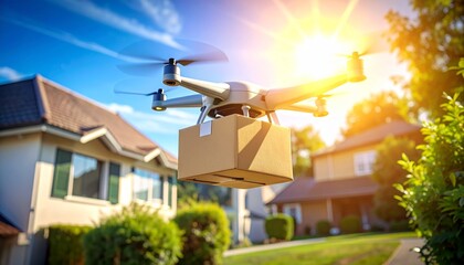 Obraz premium A drone delivering a package over a suburban neighborhood with houses and green trees under a bright, sunny sky.