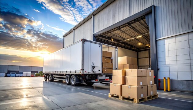 A semi-truck trailer being loaded with cardboard boxes at a warehouse loading dock during sunset.