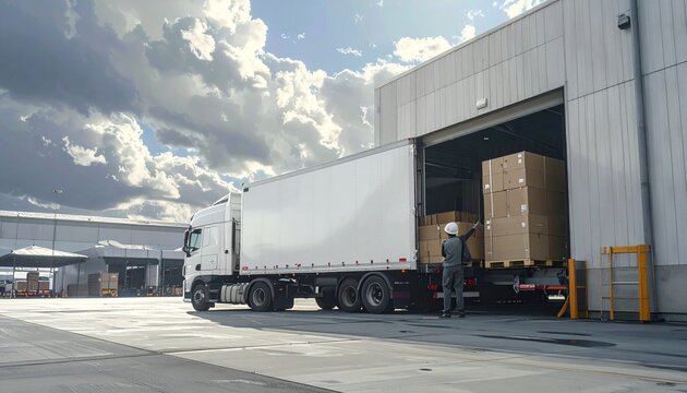 A white semi-truck is backed up to a loading dock at an industrial warehouse, with a worker preparing to load boxes onto the trailer under a cloudy sky.