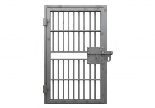 Metal prison door with latch isolated on a transparent background
