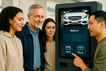 Group of diverse people using interactive kiosk with car image and balance display on screen in modern setting for transport payment concept. Ai generative