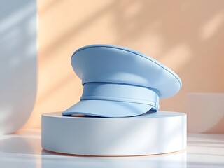 Light blue peaked cap on a white pedestal against a peach and white background with shadows.