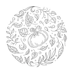 Pumpkin and autumn leaves doodle vector illustration. Cozy fall circle coloring page.