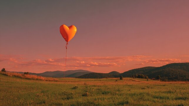 Heart-shaped balloon floating over a grassy field at sunset