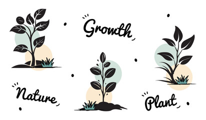 Minimalistic Growth Plant Icons Set - Vector Illustrations Isolated On White Background