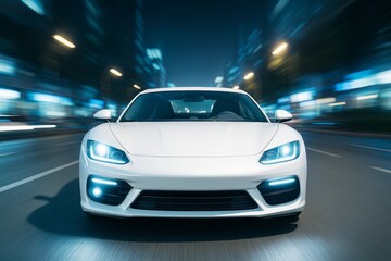 Fototapeta premium Futuristic white sports car driving at high speed through a city at night with motion blur background and glowing headlights concept.
