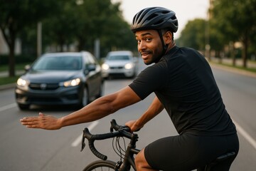 Cyclist signaling left turn while riding on urban road with cars in background during daylight, promoting road safety awareness and cycling etiquette. Ai generative