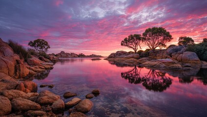 Pink sunrise over calm bay, rocky shore