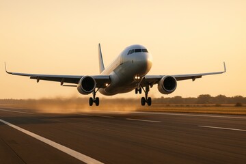 Obraz premium Commercial airplane taking off from runway with motion blur at sunset, glowing in golden light against a scenic horizon and clear sky background. Ai generative