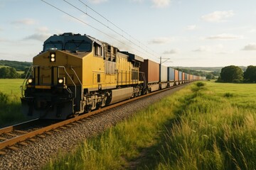 Fototapeta premium Long freight train with yellow locomotive moving through countryside during golden hour light on summer day with scenic green field background. Ai generative